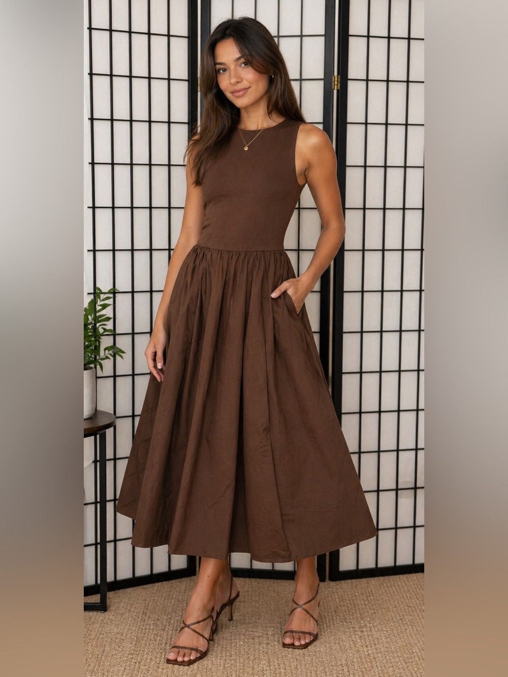 NWT Sofie the Label Brown Sleeveless Midi Dress Fit & Flare Size S